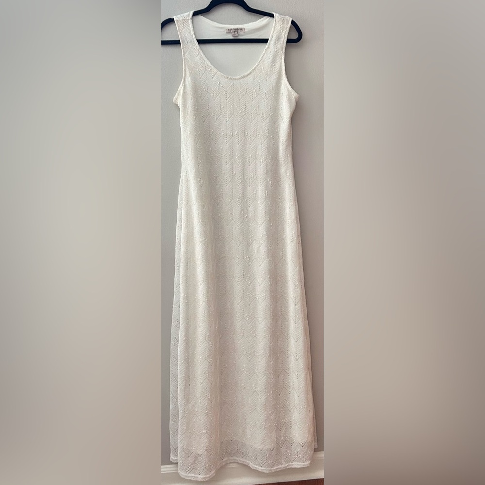 Y2K SHARAGANO NOIR Crochet Shimmer Scoop Neck Maxi Slip Dress 90s Boho Fairy 10 - Picture 8 of 15